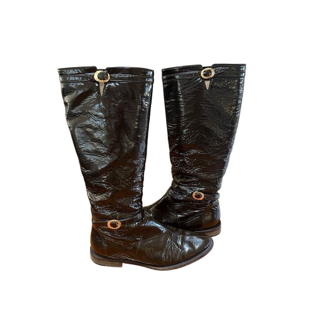 Jimmy Choo Chocolate Brown Patent Leather Riding Boots Gold Buckle Low Heel 38.5